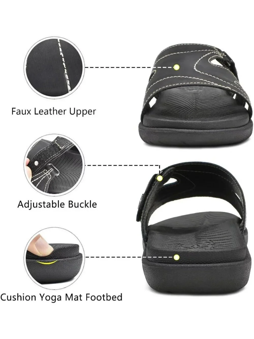Women's Black Orthotic Slides Ladies Athletic Yoga Mat Memory Foam Sandal Shoes